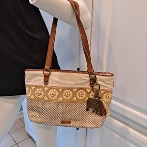 Sakroots Ellis Straw Tan Cream Floral Shoulder Bag With Elephant Floral Accents